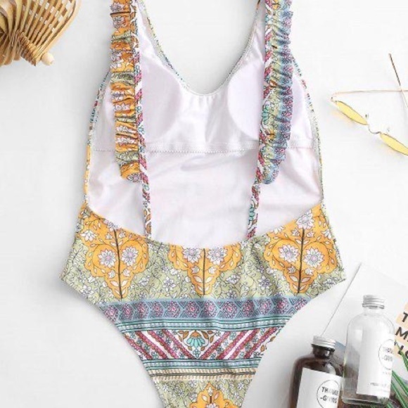 NEW,Zaful, Fun, Flirty & Fabulous, Floral Ruffle Backless Swimsuit, Size XL - Picture 3 of 12